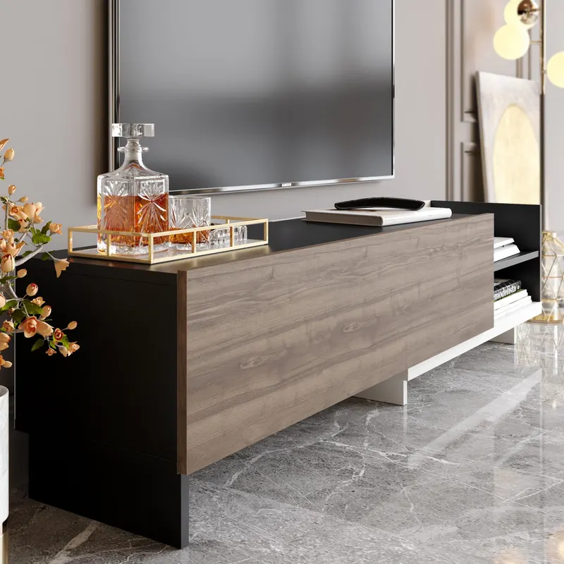 Comodă TV Parion, Diverse culori, 165x35x41 cm - Alb - Negru - Nuc