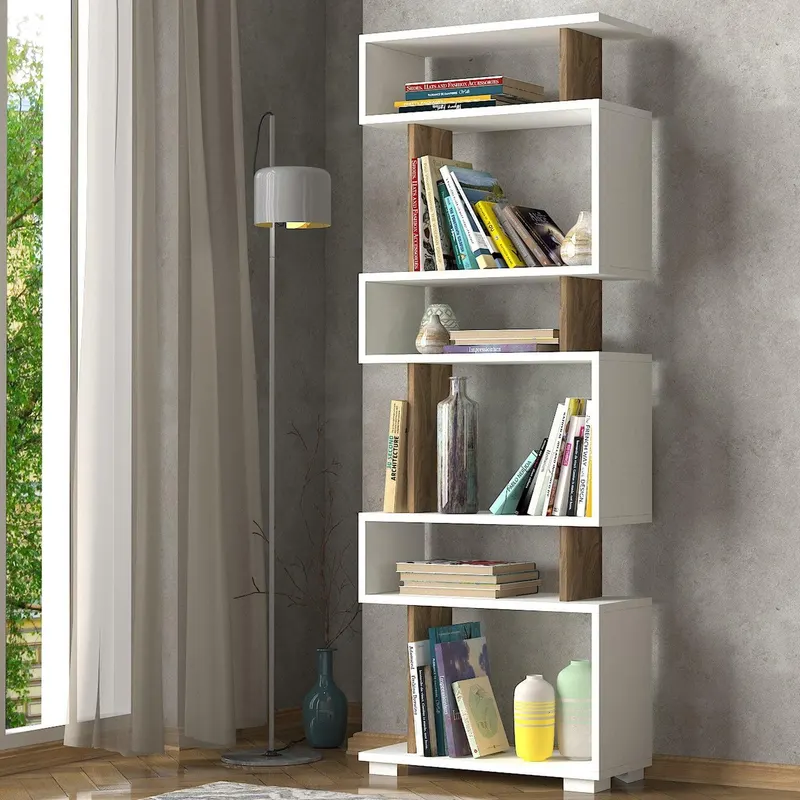 Bibliotecă Blok, Diverse culori, 60x20x165 cm - Alb - Nuc