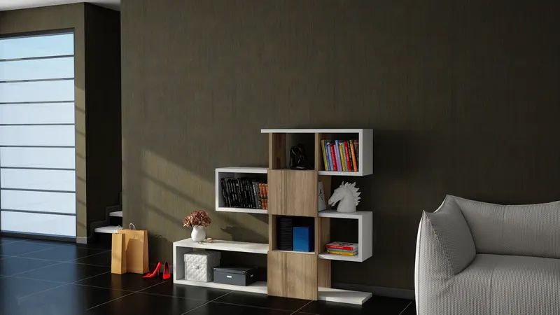 Bibliotecă Karlin, Diverse culori, 120x20x109 cm - Alb - Nuc