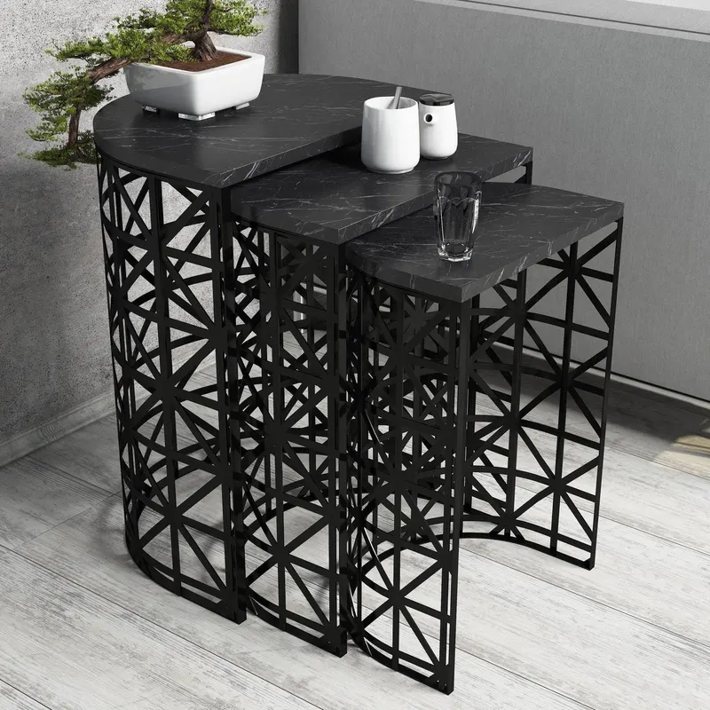 Măsuță de cafea Stil Marble, Diverse culori, Diverse configurații, Diverse dimensiuni - Negru / 3 bucăți / 46x33x62 cm