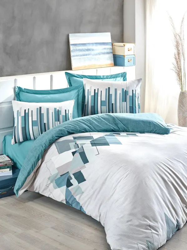 Set Lenjerie Nesto, Petrol green - Alb, Diverse configurații, Diverse dimensiuni - 4 bucăți / 240x260 cm
