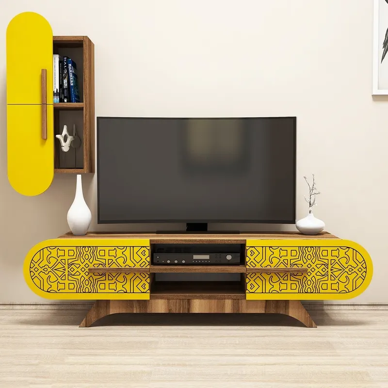 Comodă TV Defne, Diverse culori, Diverse dimensiuni - Nuc - Galben / 145x35x37 cm