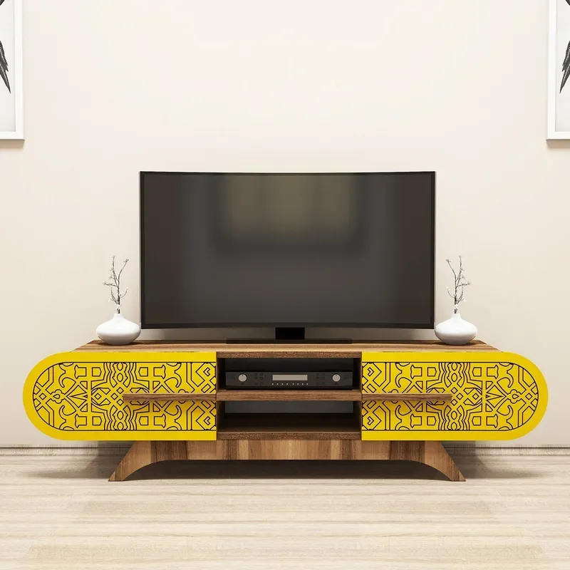 Comodă TV Defne, Diverse culori, Diverse dimensiuni - Nuc - Galben / 145x37x37 cm