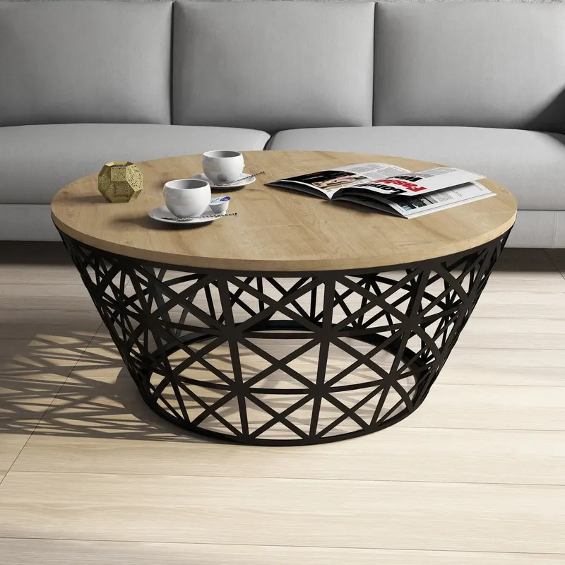 Măsuță de cafea Stil Metal Ferforje, Diverse culori, Diverse configurații, Diverse dimensiuni - Stejar - Negru / Standard / 90x90x38 cm