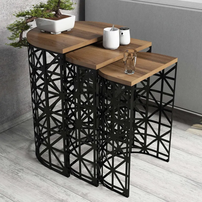 Măsuță de cafea Stil Metal Ferforje, Diverse culori, Diverse configurații, Diverse dimensiuni - Nuc - Negru / 3 bucăți / 46x33x62 cm