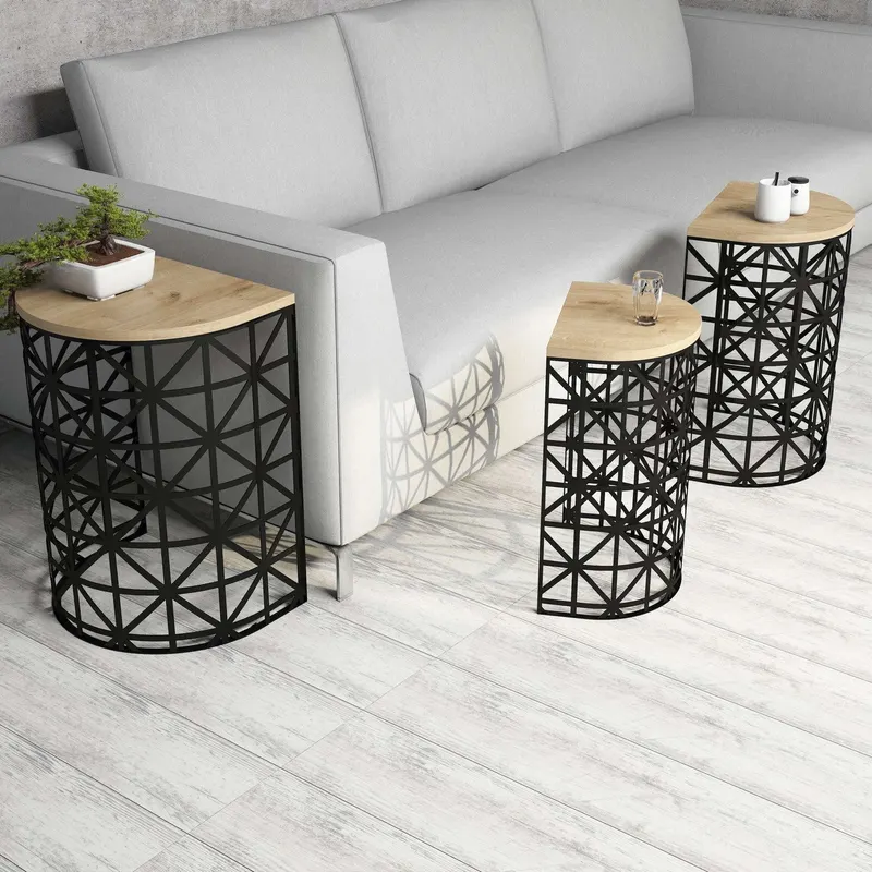 Măsuță de cafea Stil Metal Ferforje, Diverse culori, Diverse configurații, Diverse dimensiuni - Stejar - Negru / 3 bucăți / 46x33x62 cm