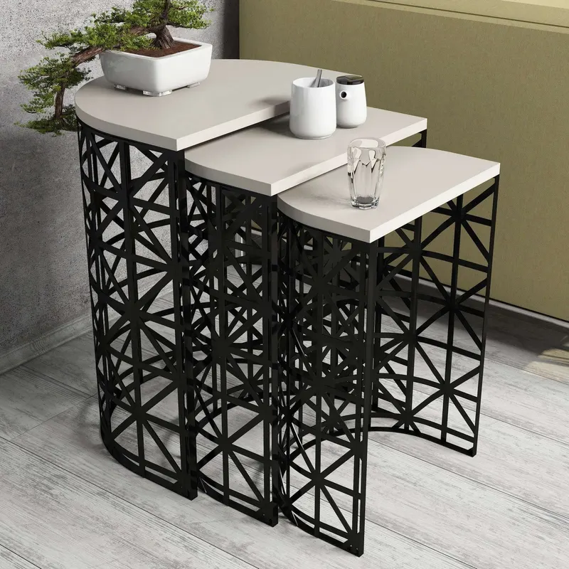 Măsuță de cafea Stil Metal Ferforje, Diverse culori, Diverse configurații, Diverse dimensiuni - Crem - Negru / 3 bucăți / 46x33x62 cm