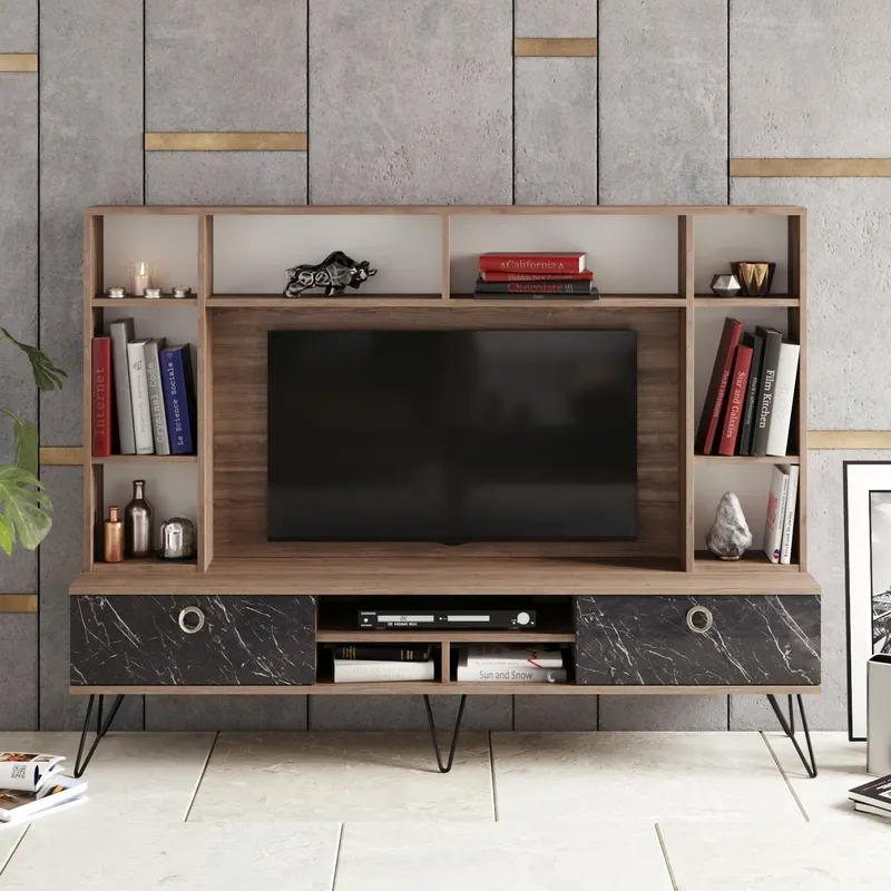 Comodă TV Lorenz, Nuc - Negru, Diverse dimensiuni - 180x35x136 cm