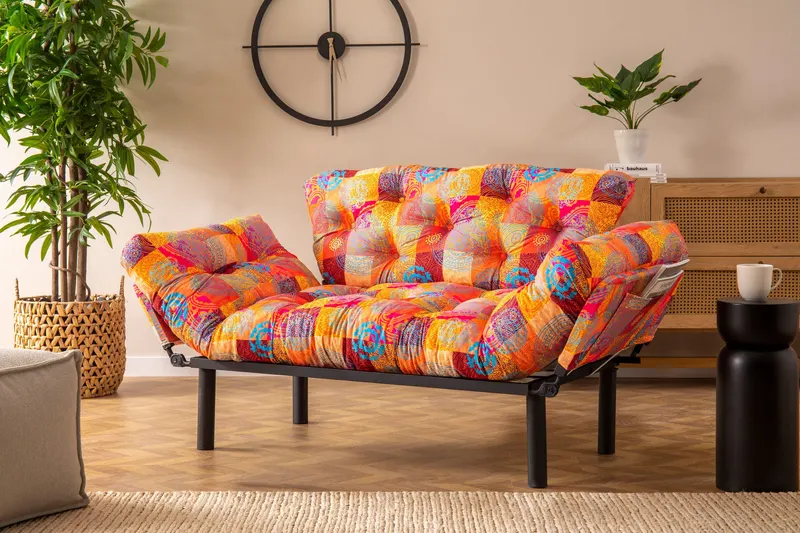 Canapea extensibilă 2 locuri Nitta, Patchwork, Multicolor, 155x70x80 cm - Multicolor