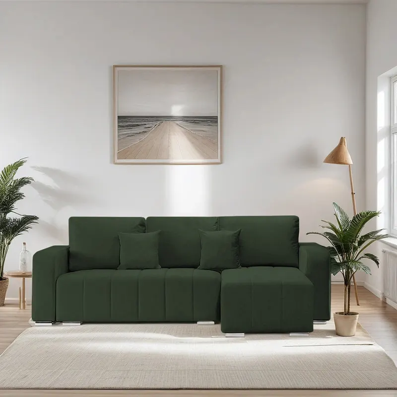 Canapea extensibilă 3 locuri cu depozitare Armando, Colț, Diverse culori, 240x147x85 cm - Verde