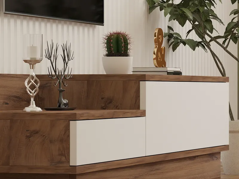 Comodă TV Barko, Pin atlantic - Alb, 160x35x35 cm - Natural - Alb