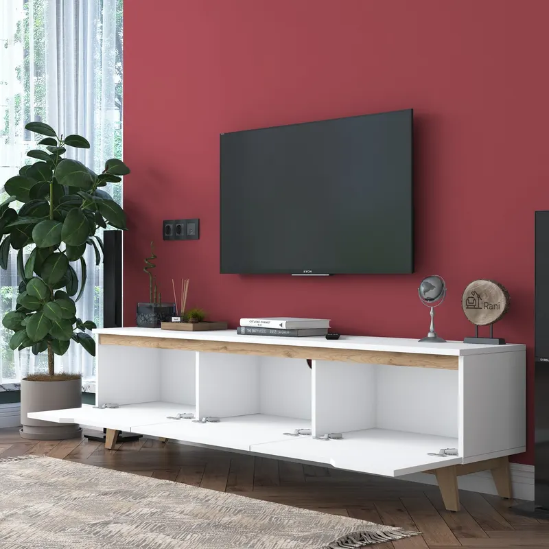 Comodă TV D1 - 2472, Alb - Nuc, 180x35x49 cm - Alb - Nuc