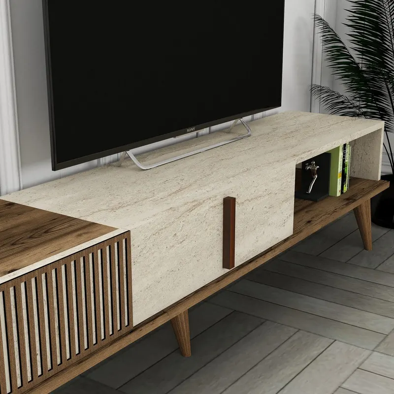 Comodă TV Milan, Nuc - Travertin, 180x35x40 cm - Nuc - Bej