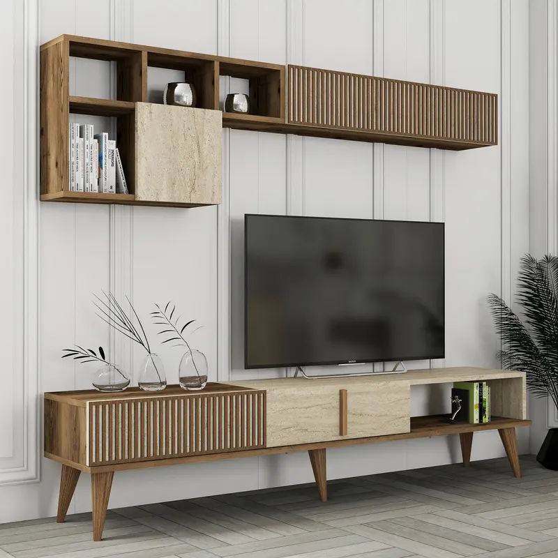Comodă TV Milan, Nuc - Travertin, 180x35x40 cm - Nuc - Bej