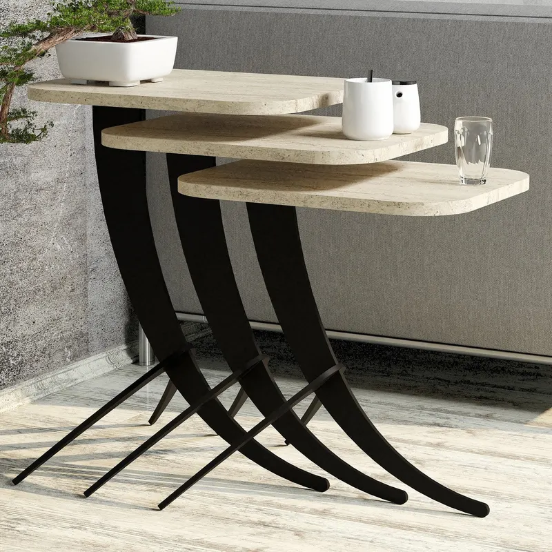Set 3 măsuțe de cafea Pion 3, Travertin, 35x45x49 cm - Bej