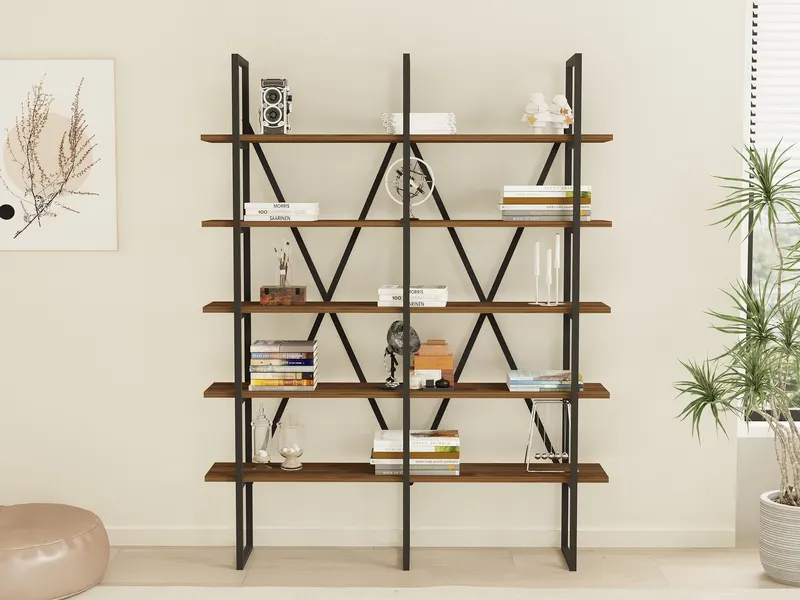 Bibliotecă Burgaz, Nuc - Negru, 126x26x160 cm - Nuc - Negru