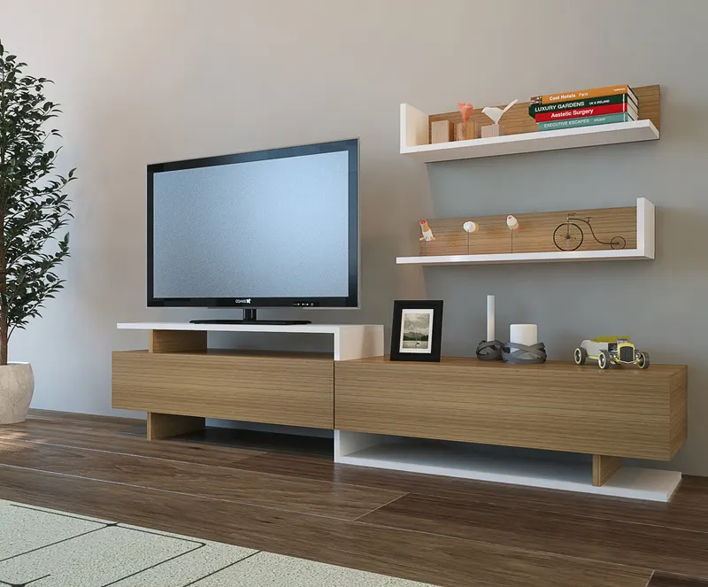 Comodă TV Ayaz, Alb - Teak, 180x37x40 cm - Alb
