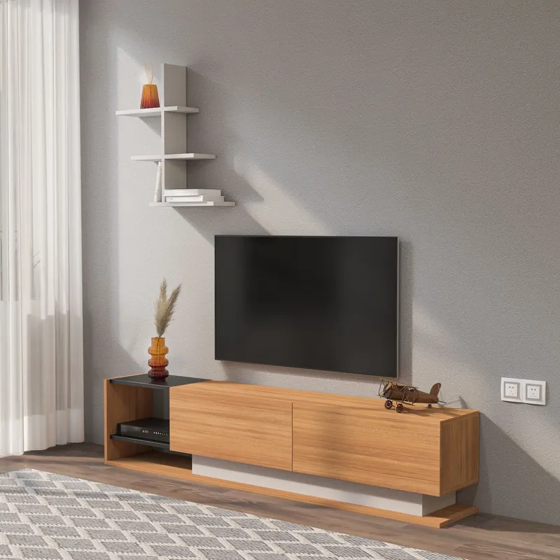 Comodă TV Liza, Alb - Teak, 180x30x40 cm - Alb