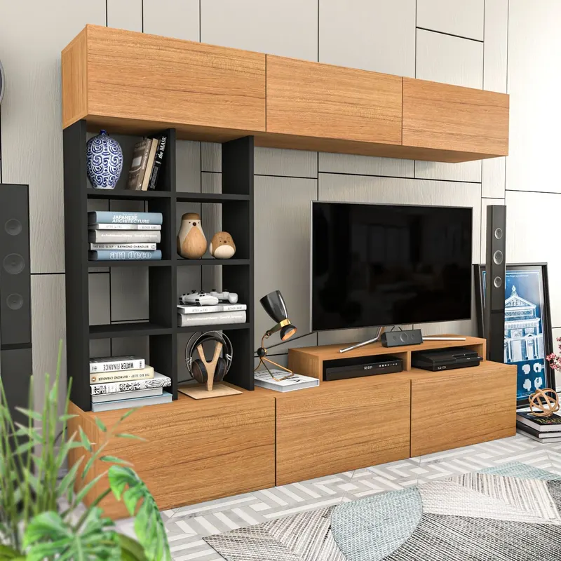 Comodă TV Sasa, Teak - Negru, 180x37x40 cm - Negru