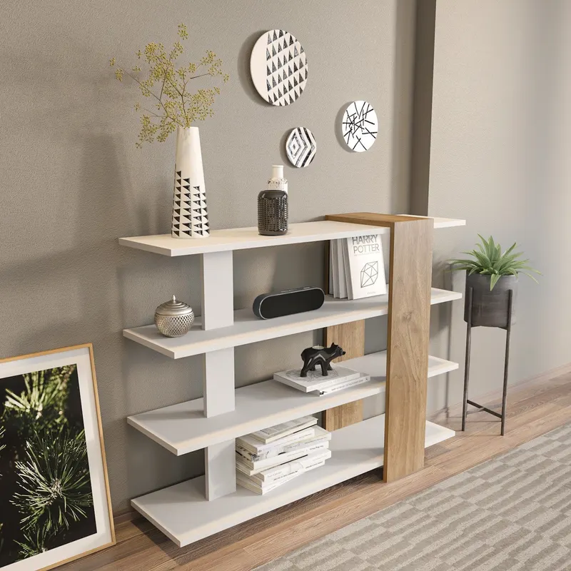 Bibliotecă Nur, Alb - Nuc, 120x30x90 cm - Alb - Nuc