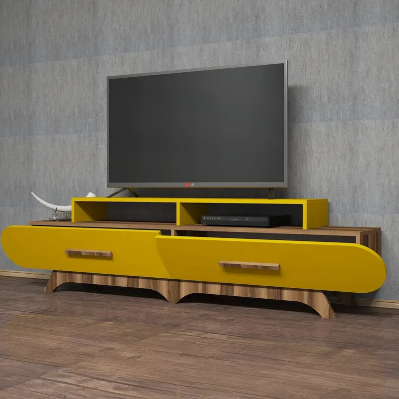 Comodă TV Flora, Nuc - Galben, 205x37x50 cm - Nuc - Galben