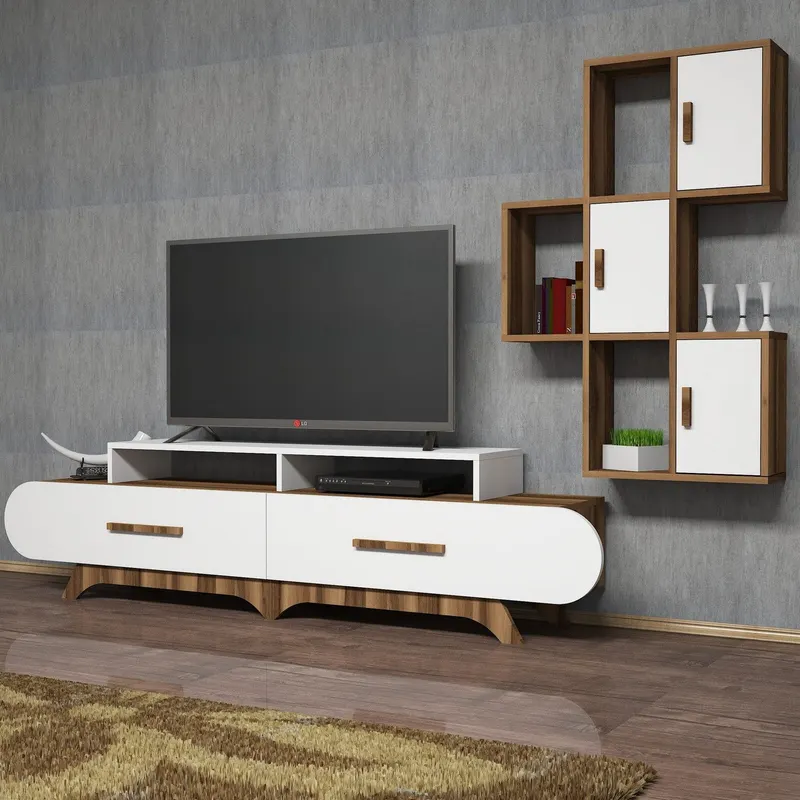 Comodă TV Flora S, Nuc - Alb, 205x37x50 cm - Nuc - Alb