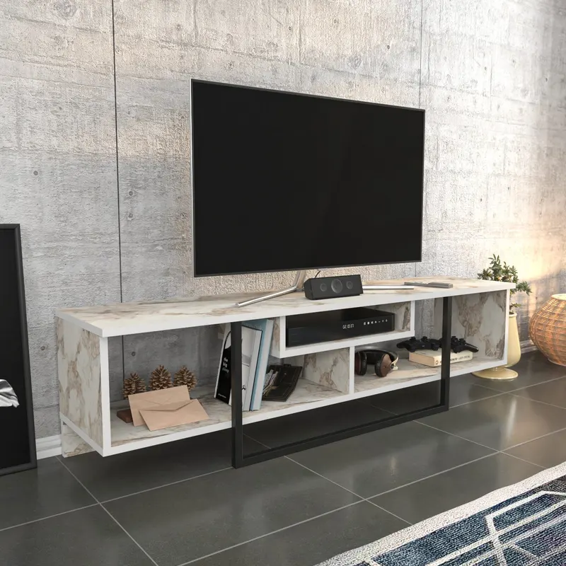 Comodă TV Asal 150 - Black, Ephesus, Negru - Alb, 150x35x40 cm - Negru - Alb