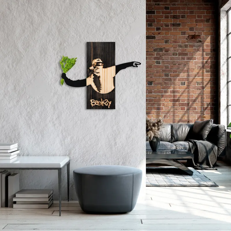 Decorațiune de perete din lemn Banksy - Flower Thrower 2, Negru - Nuc - Verde, 69x3x58 cm - Natural - Negru - Nuc - Verde