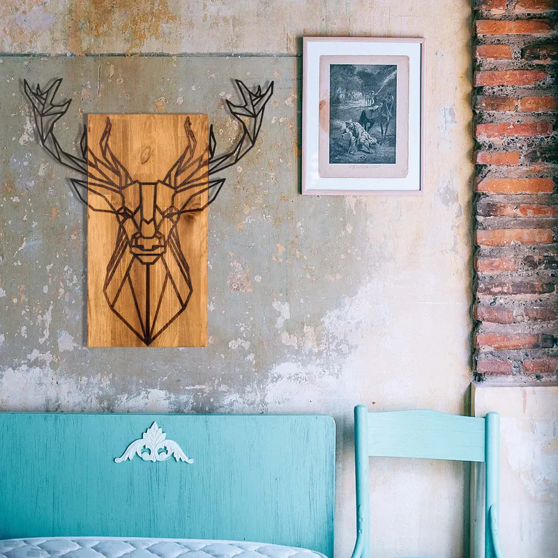 Decorațiune de perete din lemn Deer, Negru - Nuc, 61x66x0 cm - Natural - Negru - Nuc