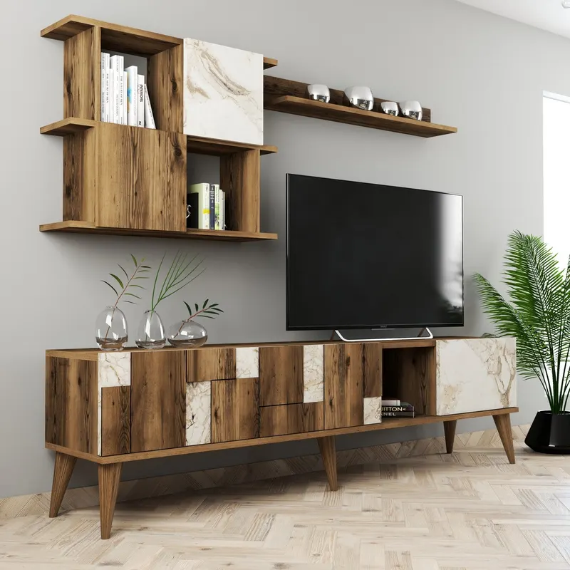 Comodă TV Madrid, Alb - Nuc, 180x34x49 cm - Alb - Nuc