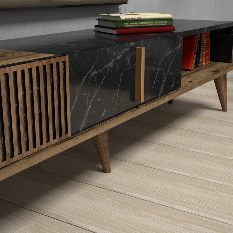 Comodă TV Milan, Nuc - Negru, 180x35x40 cm - Nuc - Negru