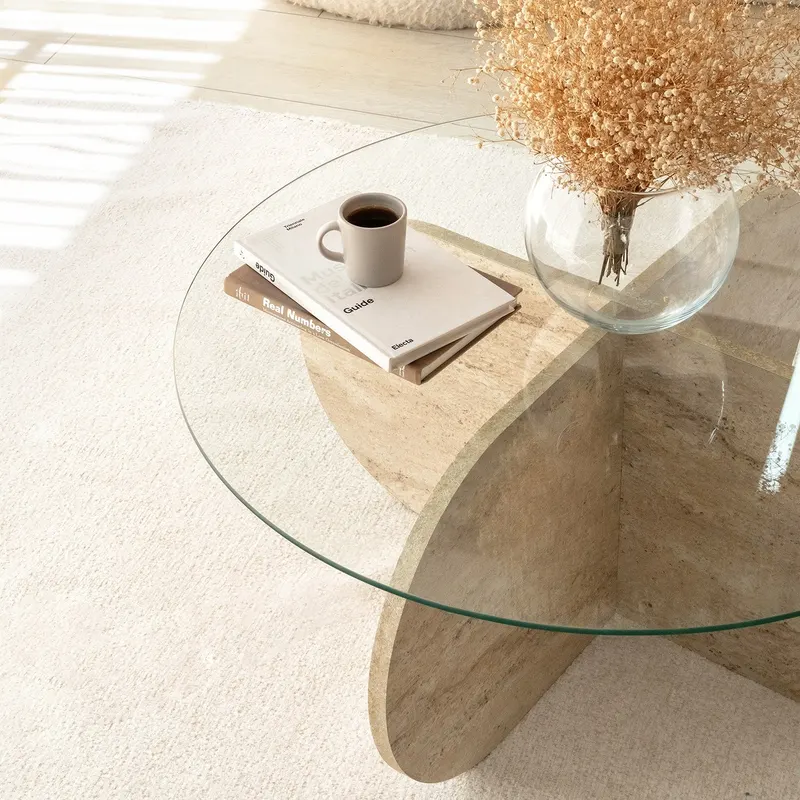 Măsuță de cafea Bubble - Transparent, Travertin, Ø75x35 cm - Transparent - Bej