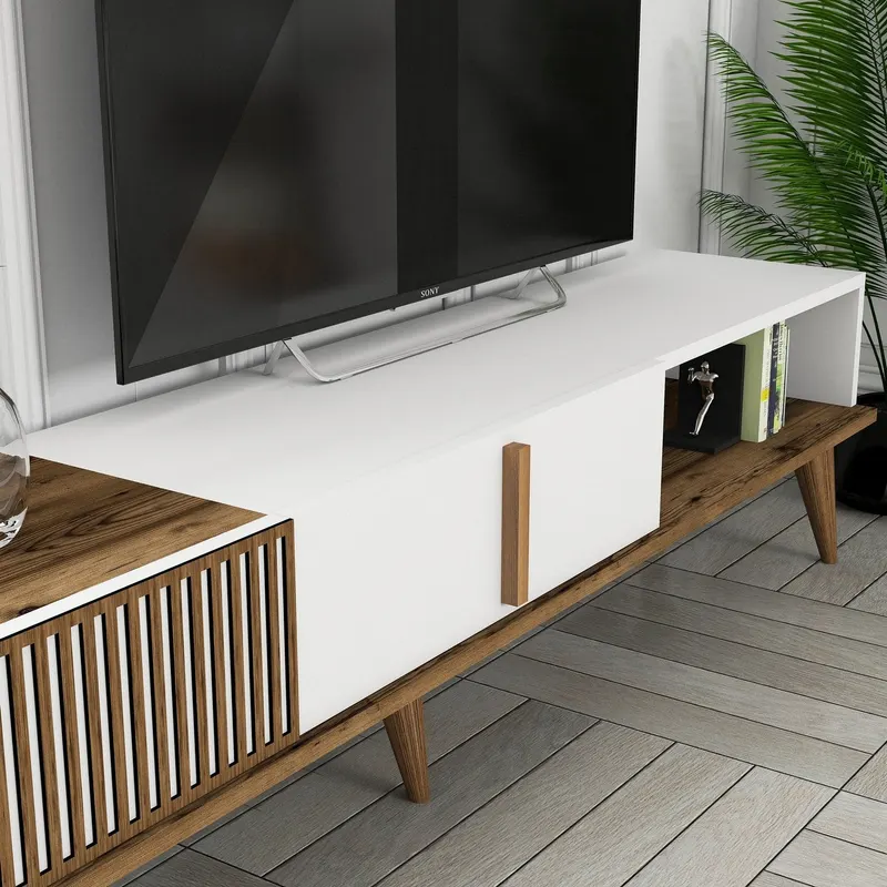 Comodă TV Milan TV, Nuc - Alb, 180x35x40 cm - Nuc - Alb