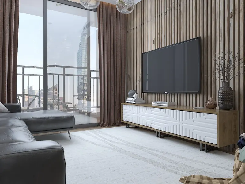 Comodă TV Askal - Ud, White, Stejar - Alb, 180x35x47 cm - Alb - Stejar