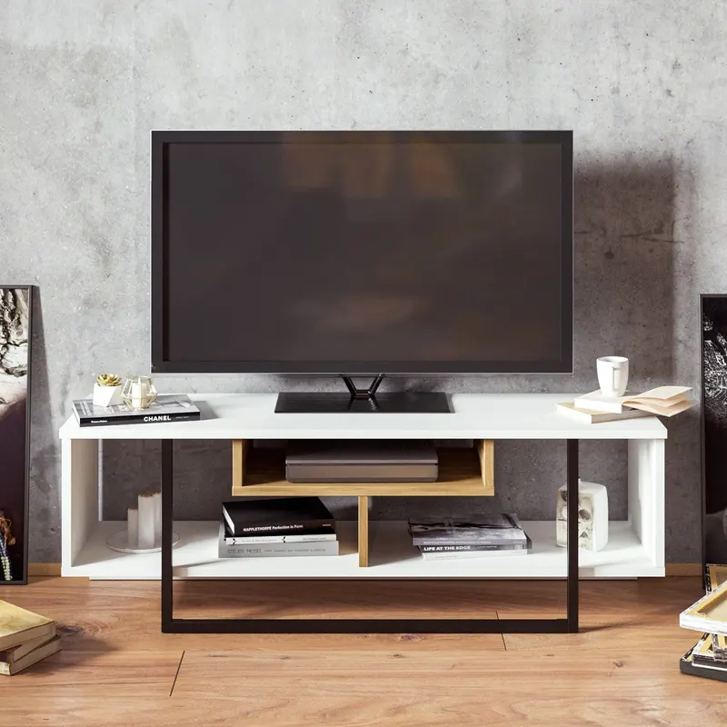 Comodă TV Asal (120) - White, Ud, Black, Alb - Negru - Stejar, 119x35x40 cm - Alb - Negru - Stejar