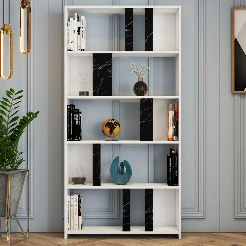 Bibliotecă Lima - White, Black Marble, Alb - Negru, 90x20x180 cm - Alb - Negru