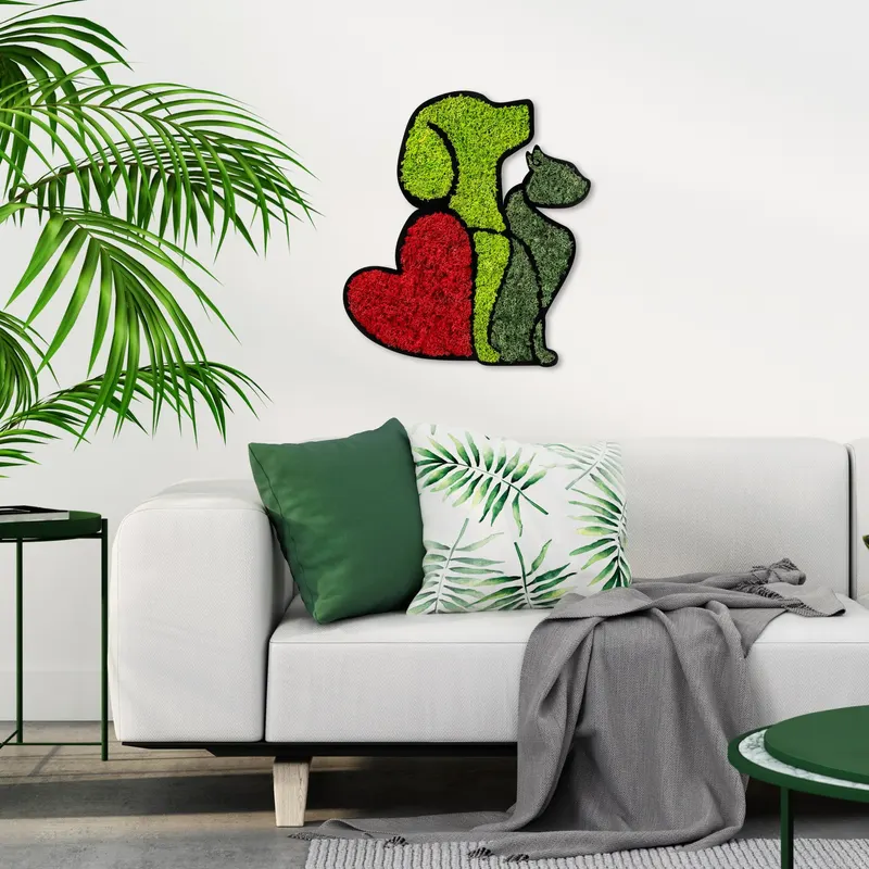 Decorațiune de perete din lemn Moss - Dog & Cat Lover, Roșu - Verde, 48x43x1 cm - Natural - Roșu - Verde