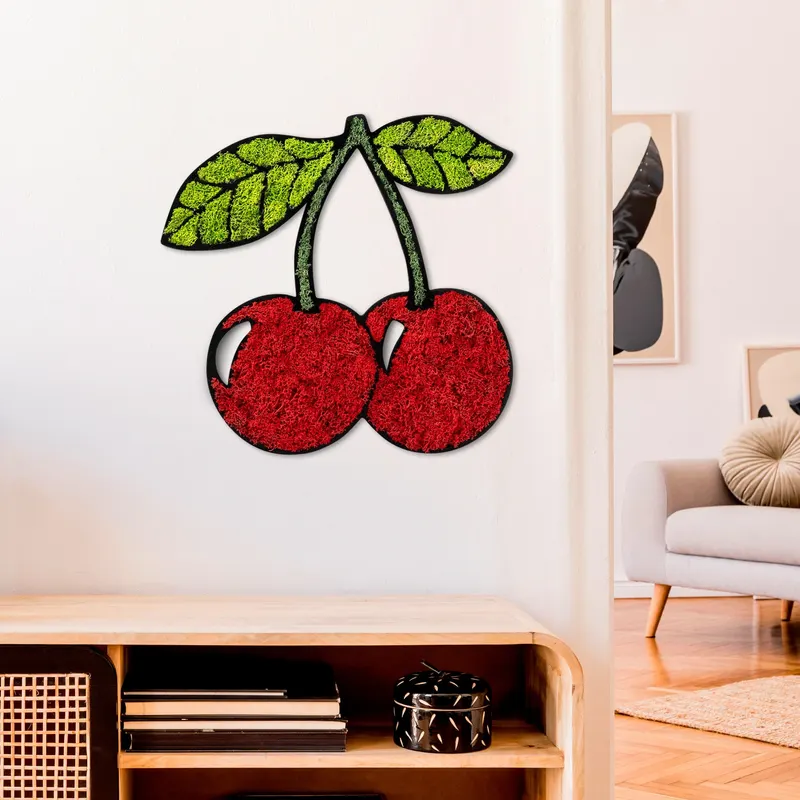Decorațiune de perete din lemn Moss - Cherry, Roșu - Verde, 40x42x1 cm - Natural - Roșu - Verde
