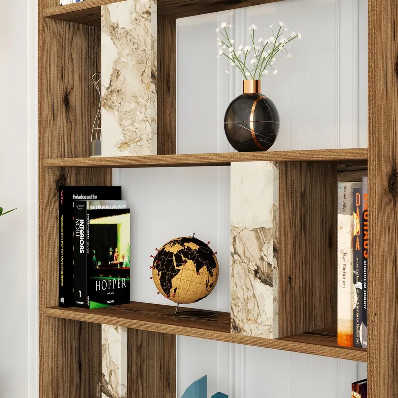 Bibliotecă Lima - Walnut, White Marble, Nuc - Alb, 90x20x180 cm - Nuc - Alb