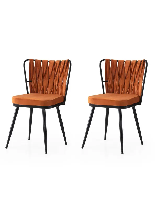 Set 2 scaune Kuşaklı - 224 V2, Negru - Portocaliu, 43x43x82 cm - Negru - Portocaliu