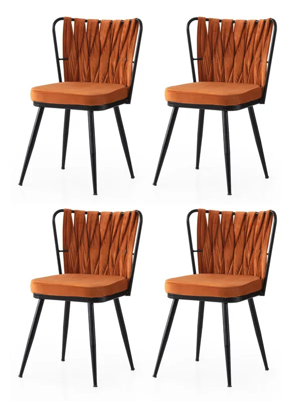 Set 4 scaune Kuşaklı - 224 V4, Negru - Portocaliu, 43x43x82 cm - Negru - Portocaliu