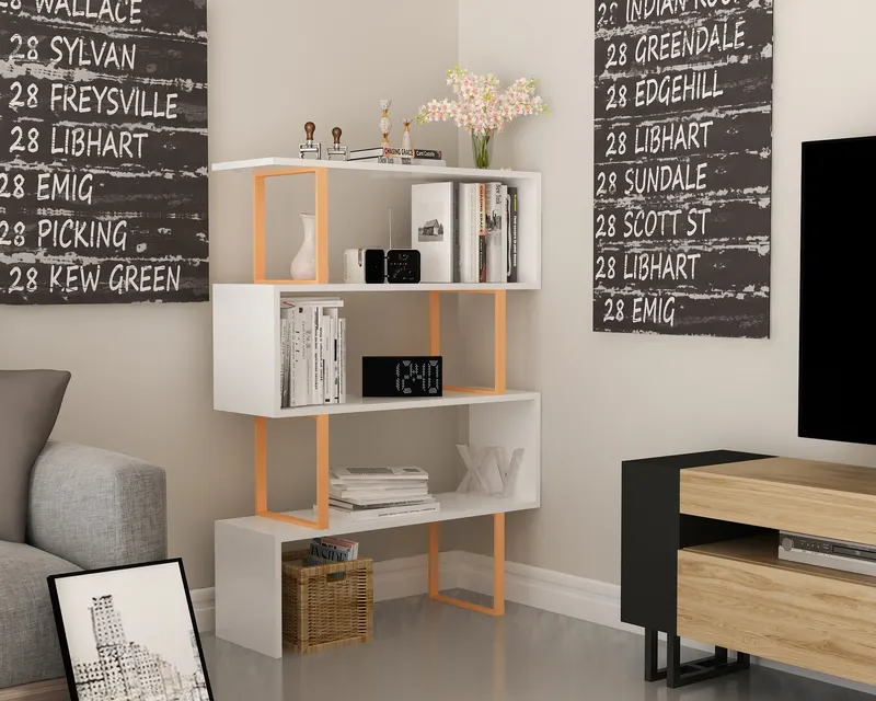 Bibliotecă Adriana, Auriu - Alb, 92x30x125 cm - Auriu - Alb