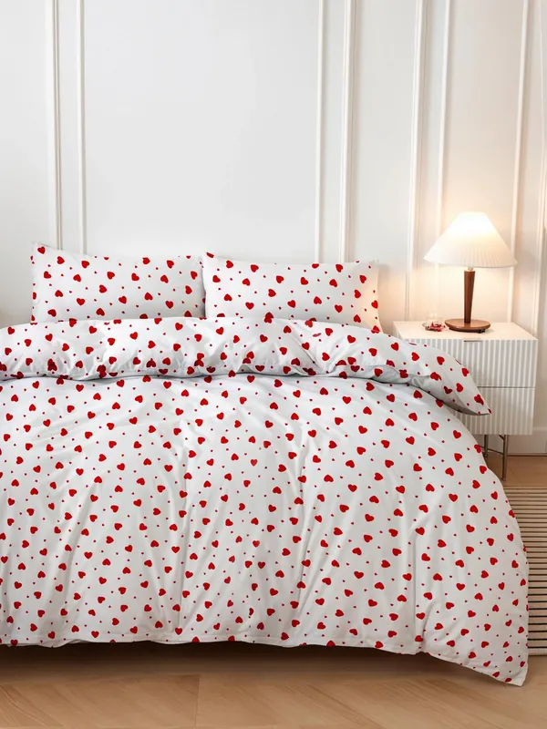 Set lenjerie de pat dublă Love Heart, Roșu - Alb, 200x200 cm - Roșu - Alb