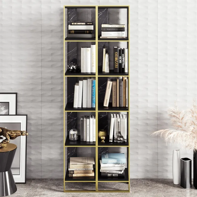 Bibliotecă Polka 2, Auriu - Negru, 32x31x179 cm - Auriu - Negru