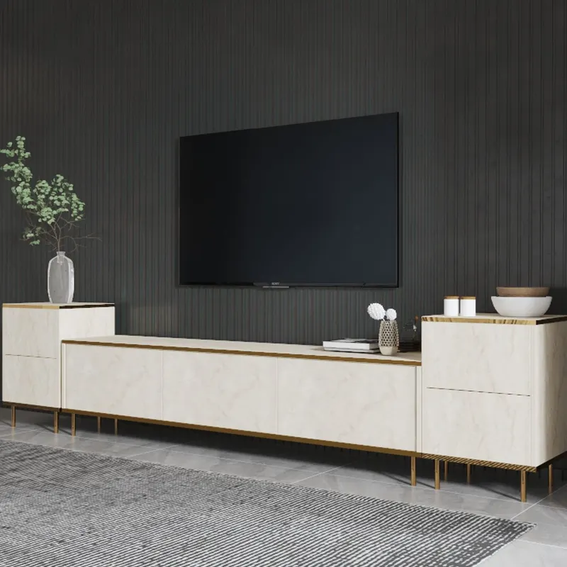 Comodă TV Imaj, Travertin - Auriu, 180x35x45 cm - Bej - Auriu