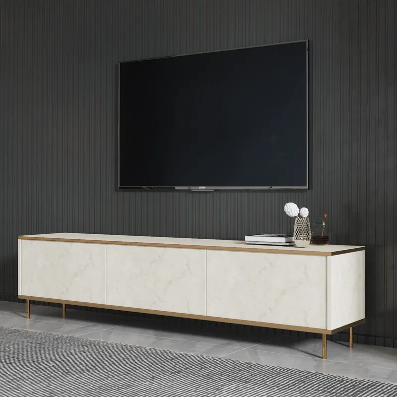 Comodă TV Imaj, Travertin - Auriu, 180x35x45 cm - Bej - Auriu