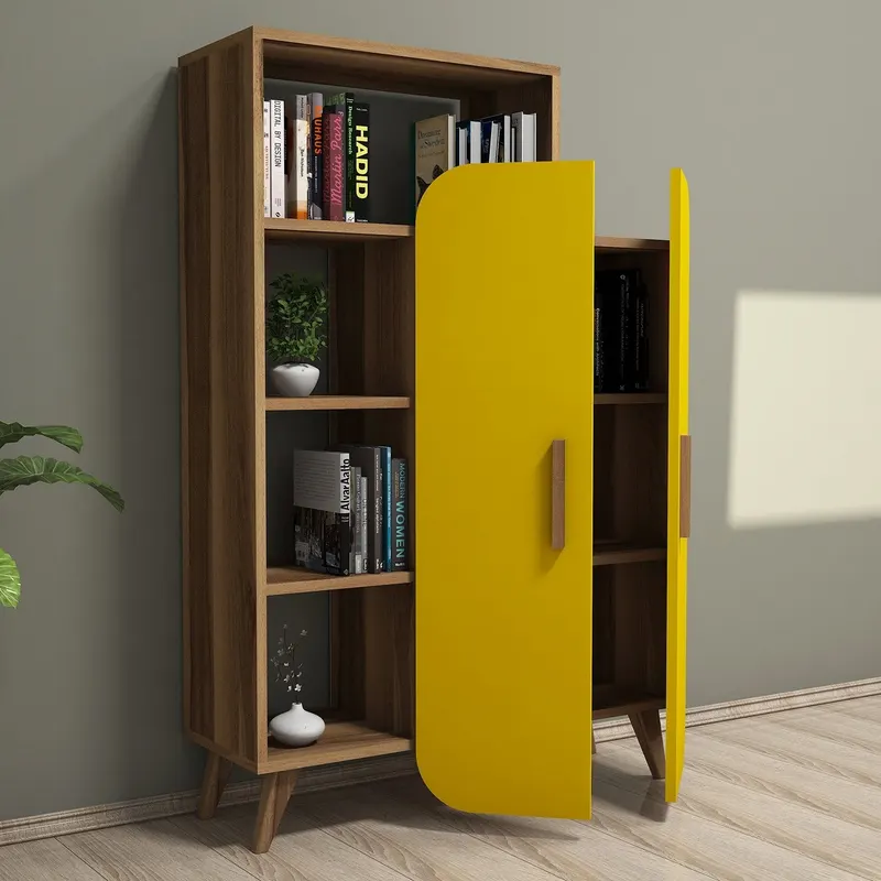 Bibliotecă Form, Nuc - Galben, 90x32x132 cm - Nuc - Galben