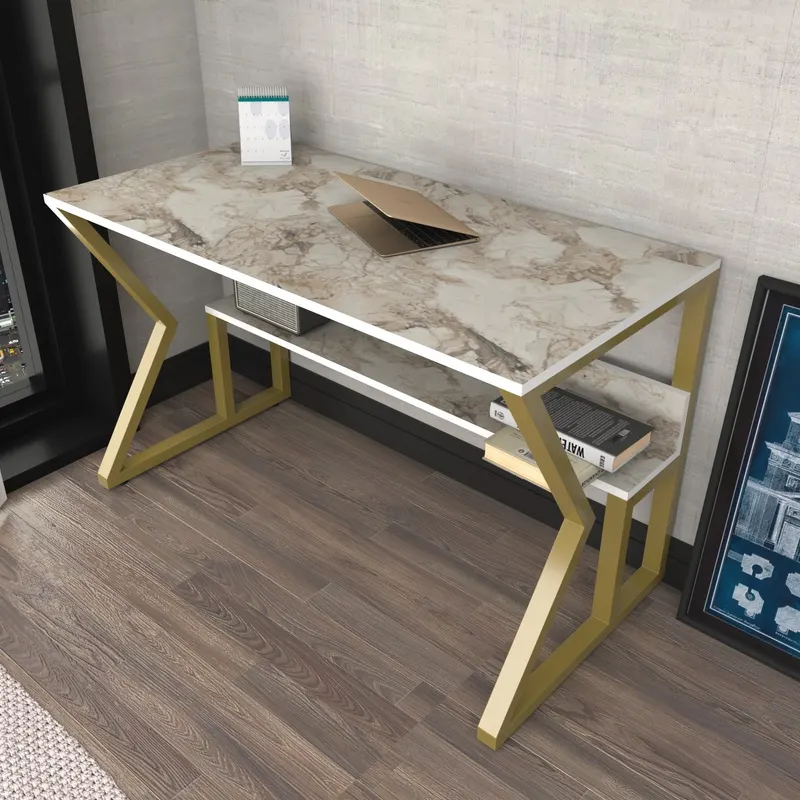Birou Wake, Alb - Auriu, 120x60x73 cm - Alb - Auriu