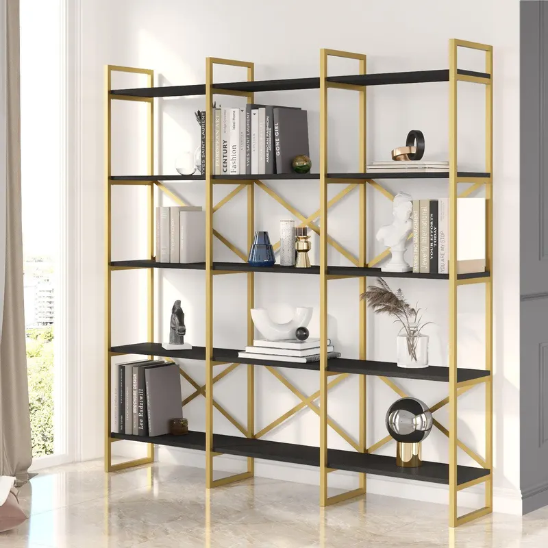 Biblioteca Sierra Lux Large cu 5 rafturi, Aur - Negru - Alb, 170x175x30 cm - Negru