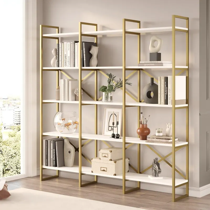 Biblioteca Sierra Lux Large cu 5 rafturi, Aur - Negru - Alb, 170x175x30 cm - Alb